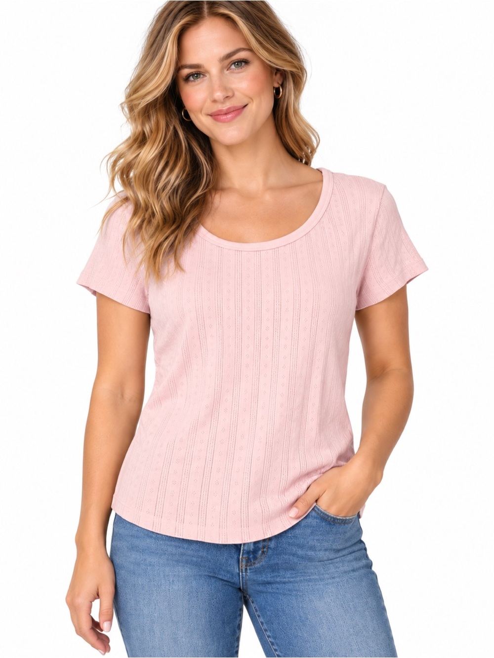 PACT Organic Pointelle Scoop Neck Tee Shirt Short Sleeve Size Medium Light Pink